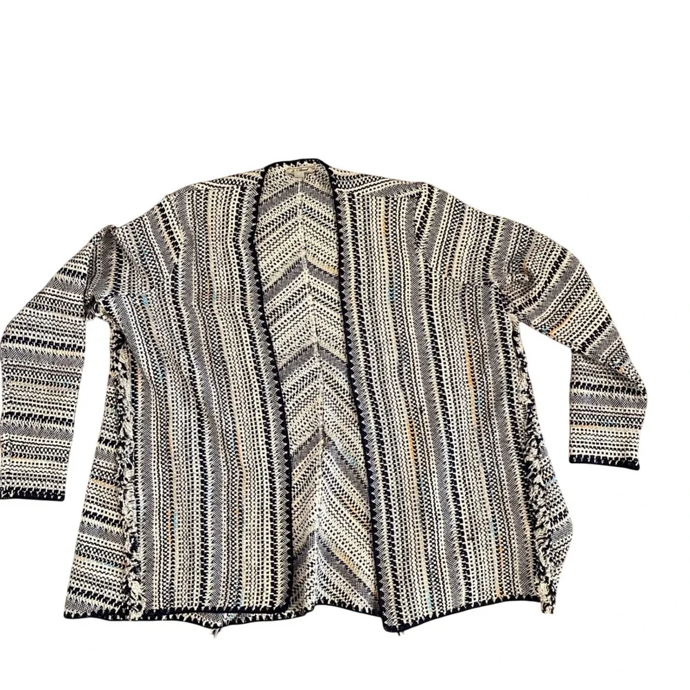 Lucky Brand Open Front Cardigan Fringe Trim Knit Bohemian Sweater Large‎